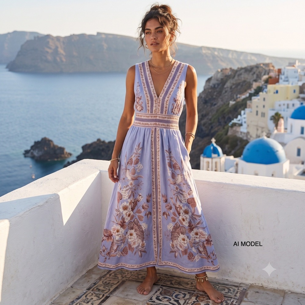 Caroline Constas Linen Floral Maxi Dress Medium Smocked Periwinkle Sundress